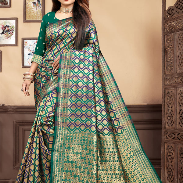 Vedant Vastram Litchi Silk Designer Banarasi Saree - Rama - Distacart