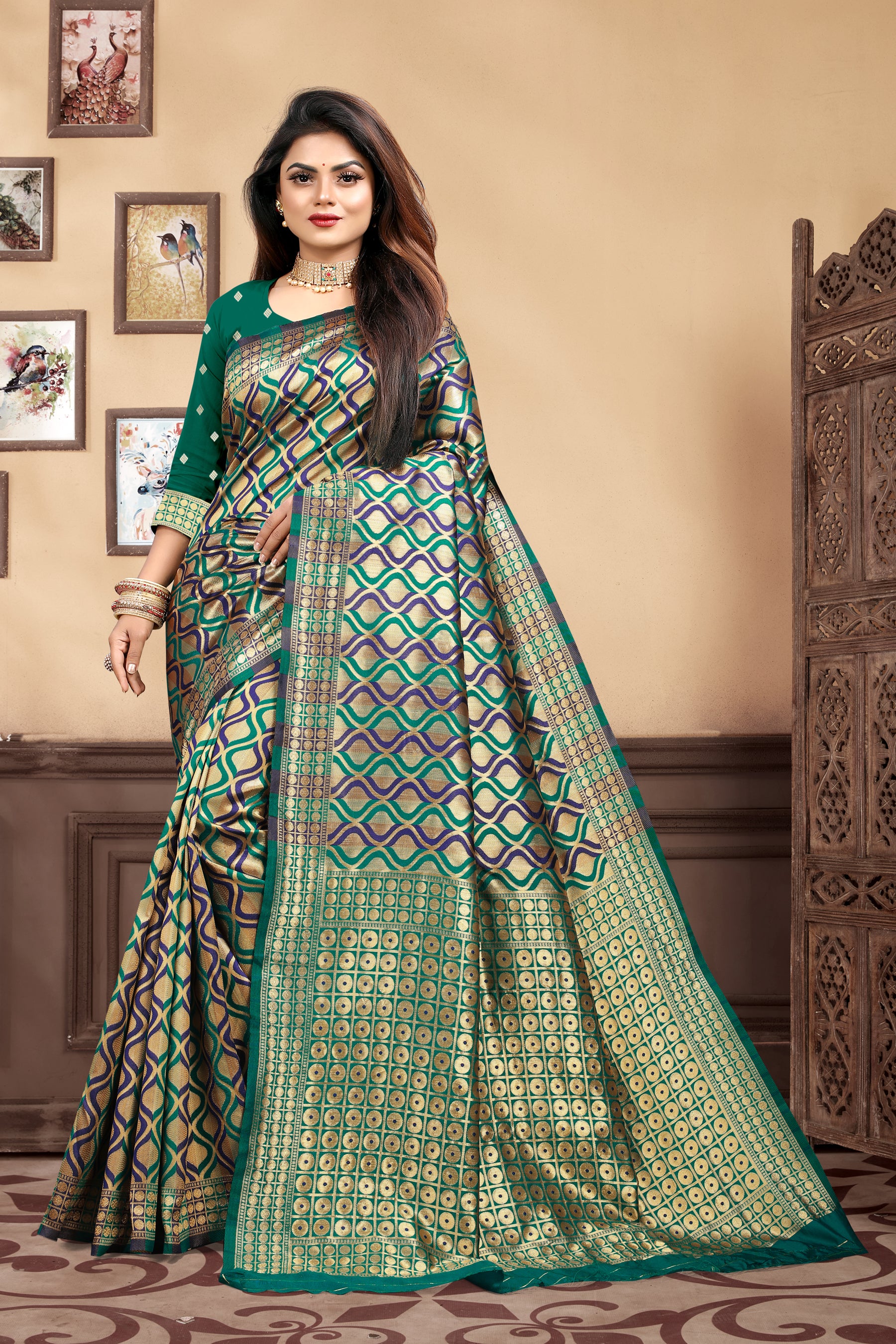 Vedant Vastram Litchi Silk Designer Banarasi Saree - Rama - Distacart