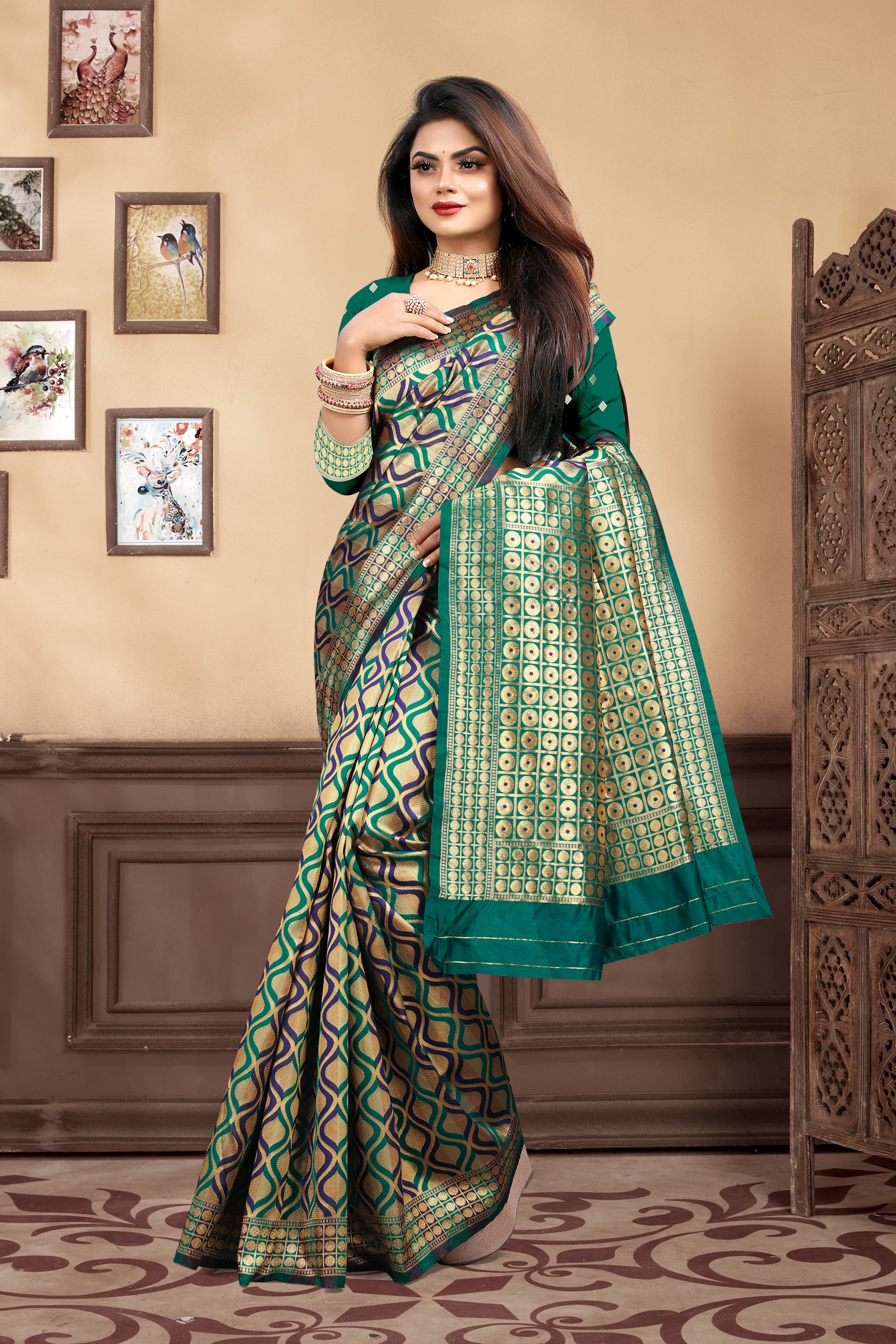 Vedant Vastram Litchi Silk Designer Banarasi Saree - Rama - Distacart