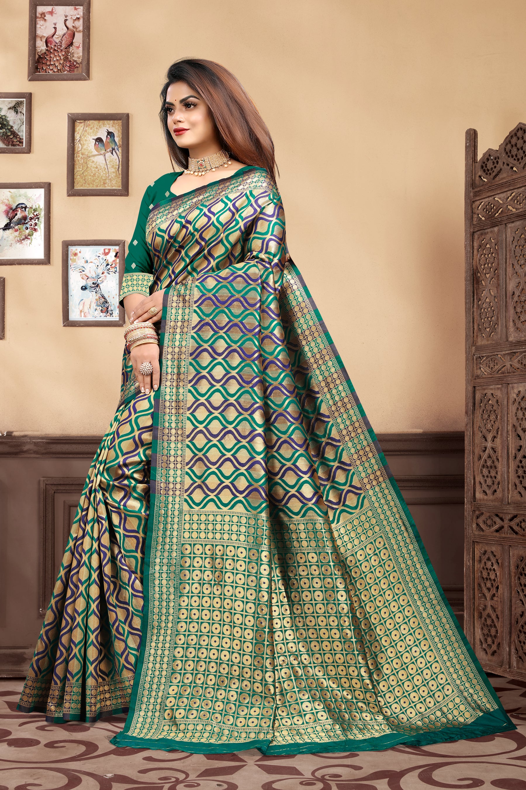 Vedant Vastram Litchi Silk Designer Banarasi Saree - Rama - Distacart