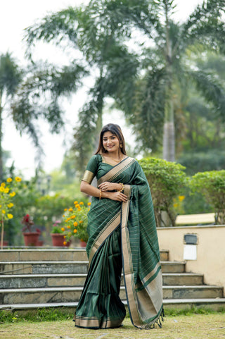 Vishnu Weaves Women's Green Raw Silk Saree with Blouse - Distacart