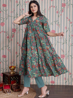 Thumbnail for Ode by House of Pataudi Floral Printed Pure Cotton Anarkali Kurta with Trousers - Distacart
