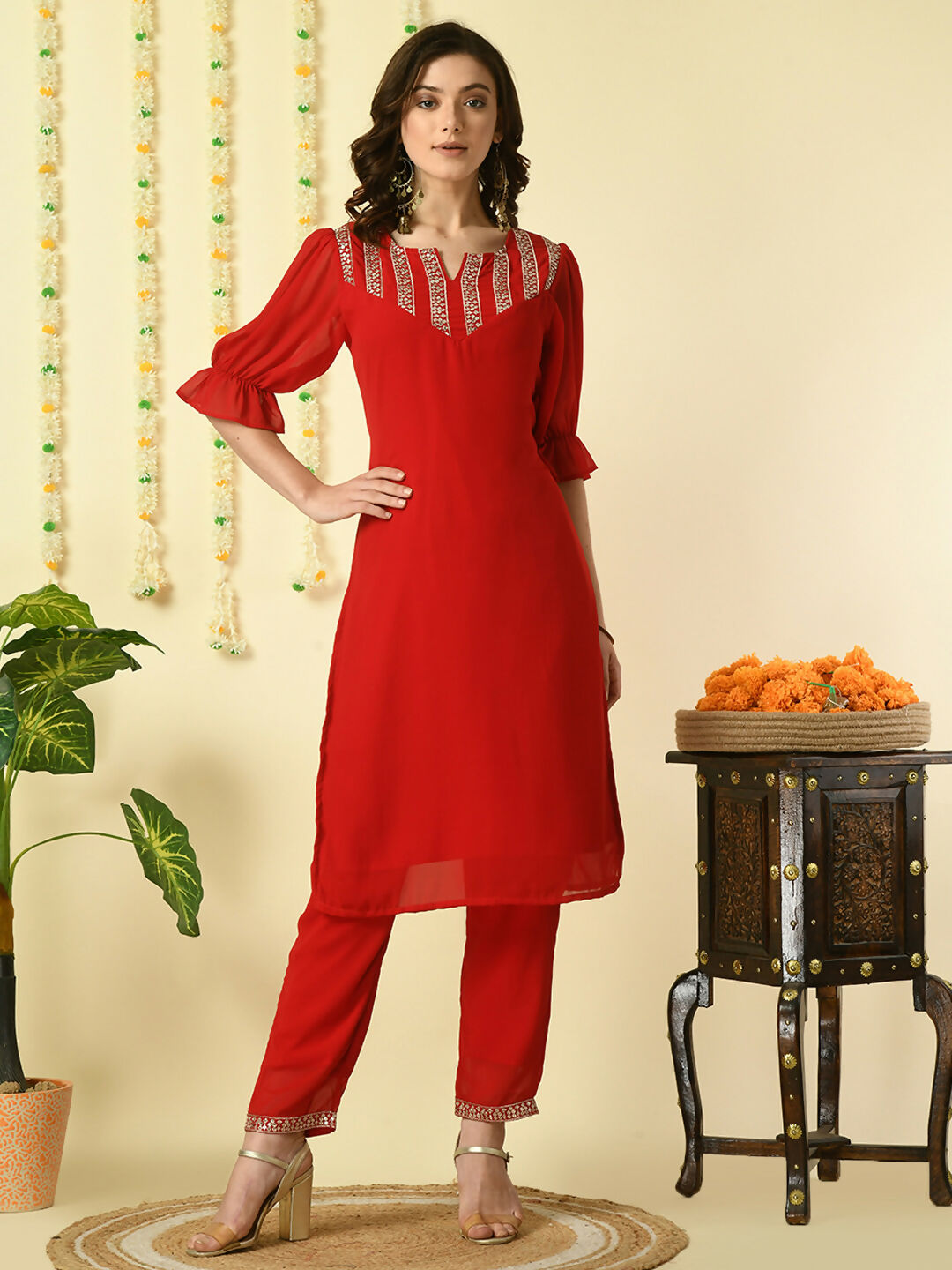 Myshka Women's Red Georgette Kurta With Trousers Party Sets - Distacart