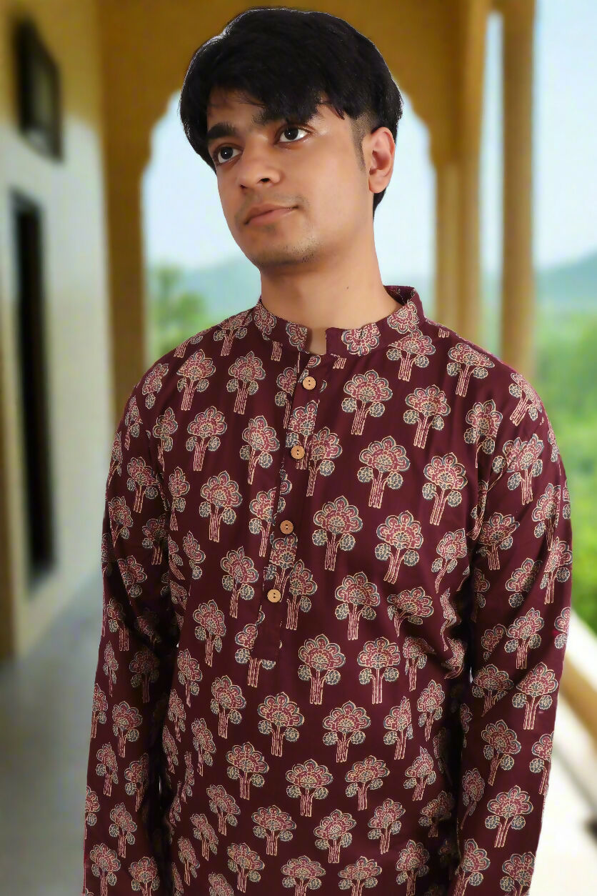 Souchii Men Burgundy Pure Cotton Ethnic Motif Printed Straight Kurta