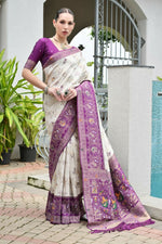 Thumbnail for Vishnu Weaves Women's Wine Banarasi Silk Patola Zari Woven Saree with Blouse