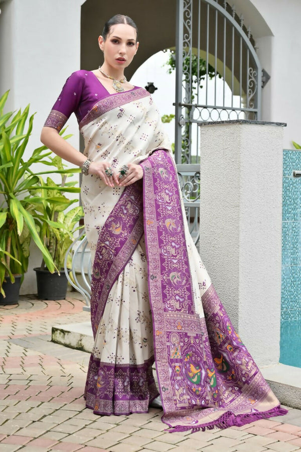 Vishnu Weaves Women's Wine Banarasi Silk Patola Zari Woven Saree with Blouse