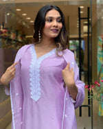 Thumbnail for The52 Lavender Women's Gorgeous Embroidered Georgette Fabric Straight Kurta Pant with Dupatta Set - Distacart