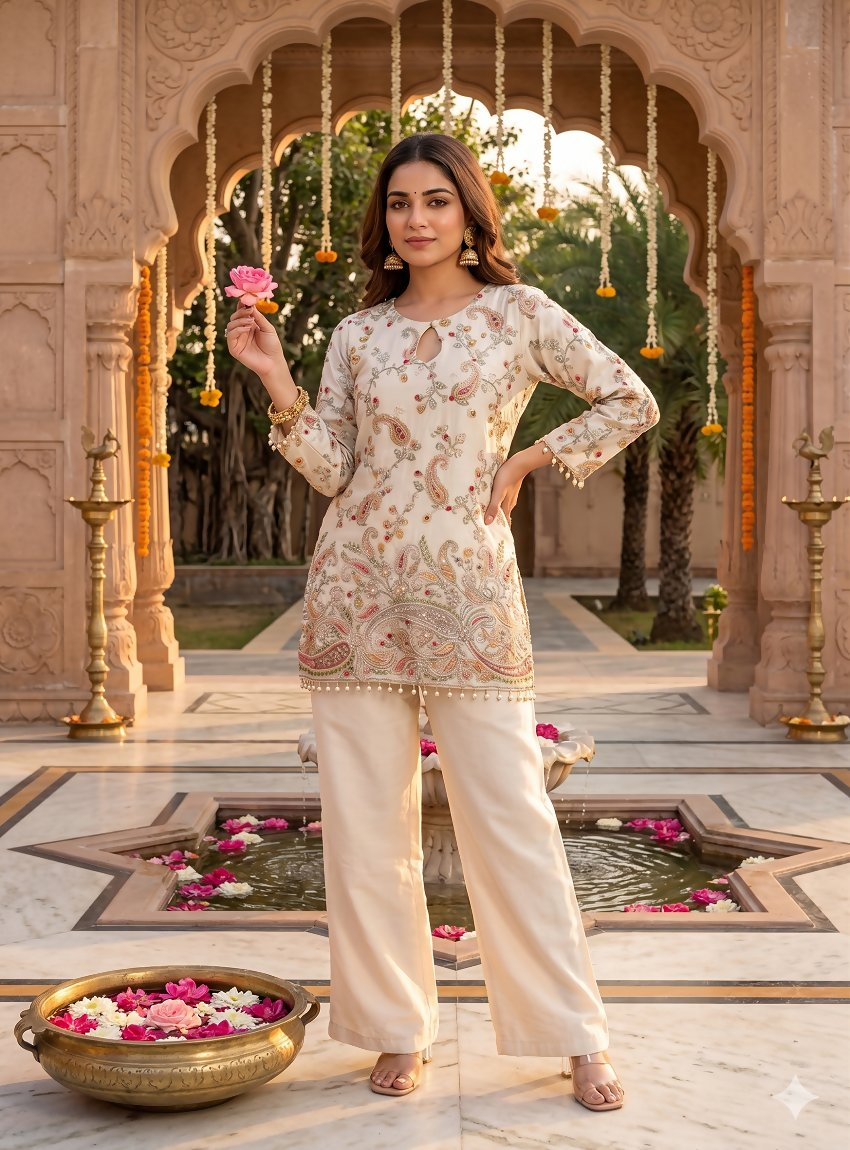 Teeya Creation Off-White Embroidered Straight Kurta With Pant Set - Dista