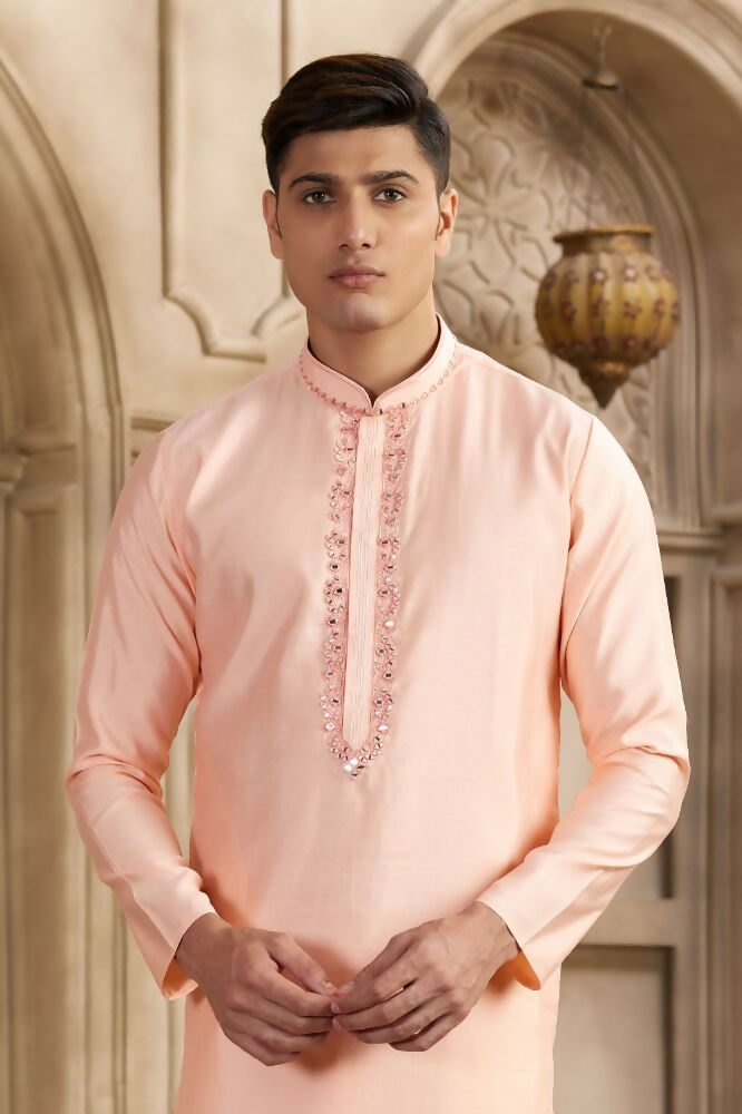 Raivat Ethnic Banarasi Art Silk Mirror Work Kurta Pajama In Pink Colour