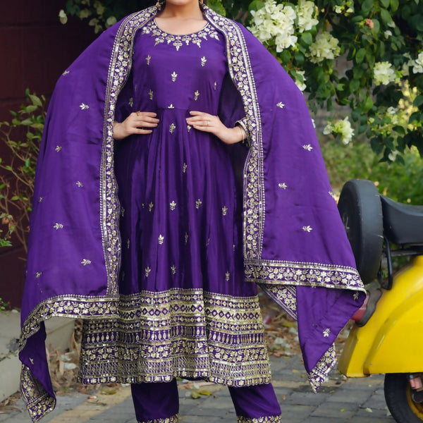Joban Fashion Purple Silk Embroidered Anarkali Dress - Distacart