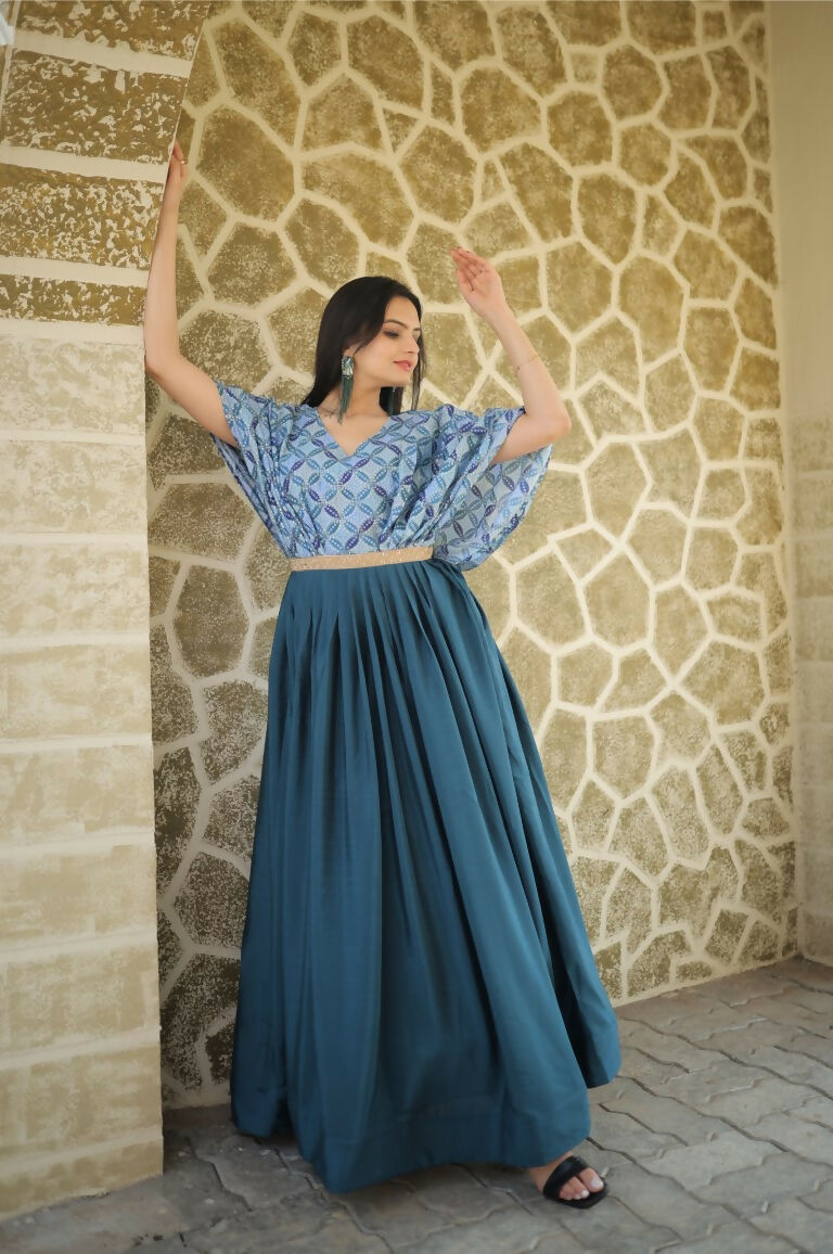 Jyoti Fashion Women's Teal Printed with Sequins Chinon Anarkali Dress - Distacart