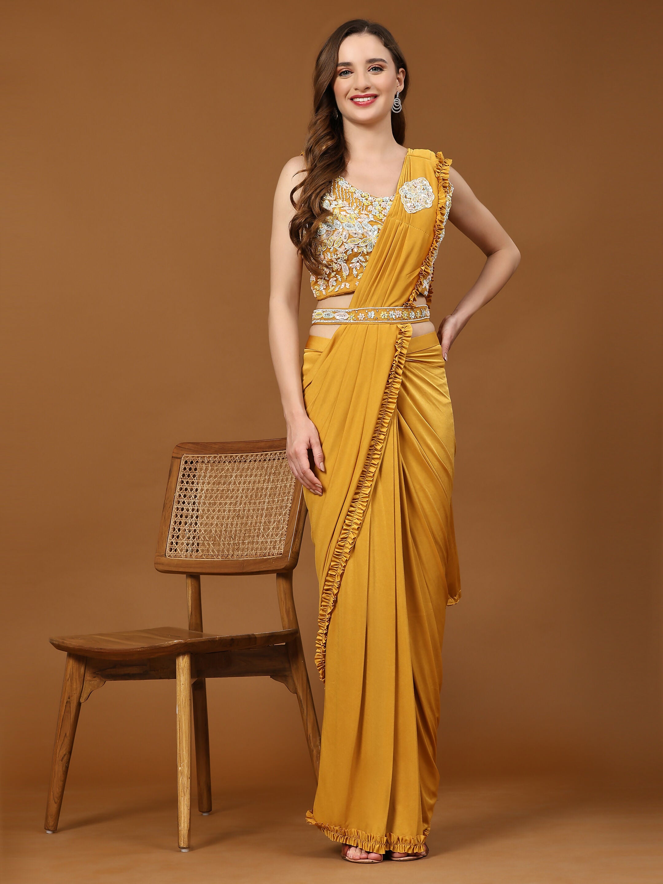 Yellow Lycra Solid Ready to wear Saree with stitched Blouse - Vanita - Distacart