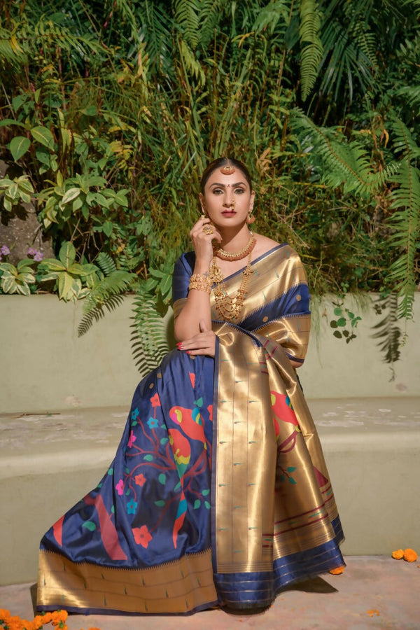Jyoti Fashion Women's Navy Blue Paithani Silk Zari Woven Saree with Blouse - Distacart