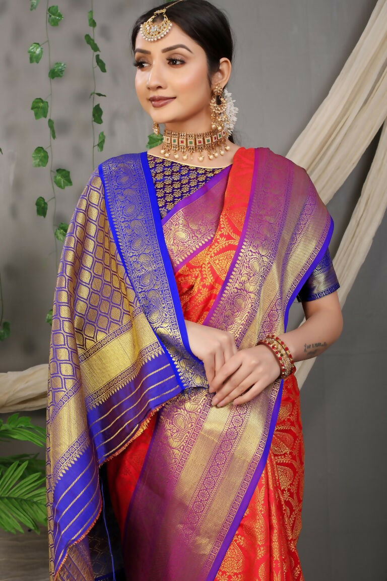 Jyoti Fashion Women's Red Kanjivaram Silk Zari Woven Saree with Blouse - Distacart