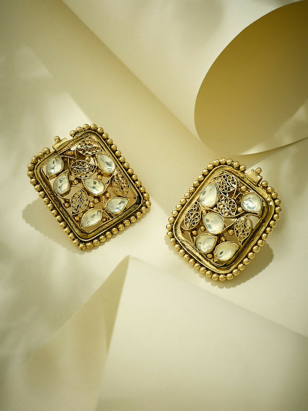 Nuyug 22K Gold-Plated Kundan & Filigree Concept Rectangular Leafy Studs