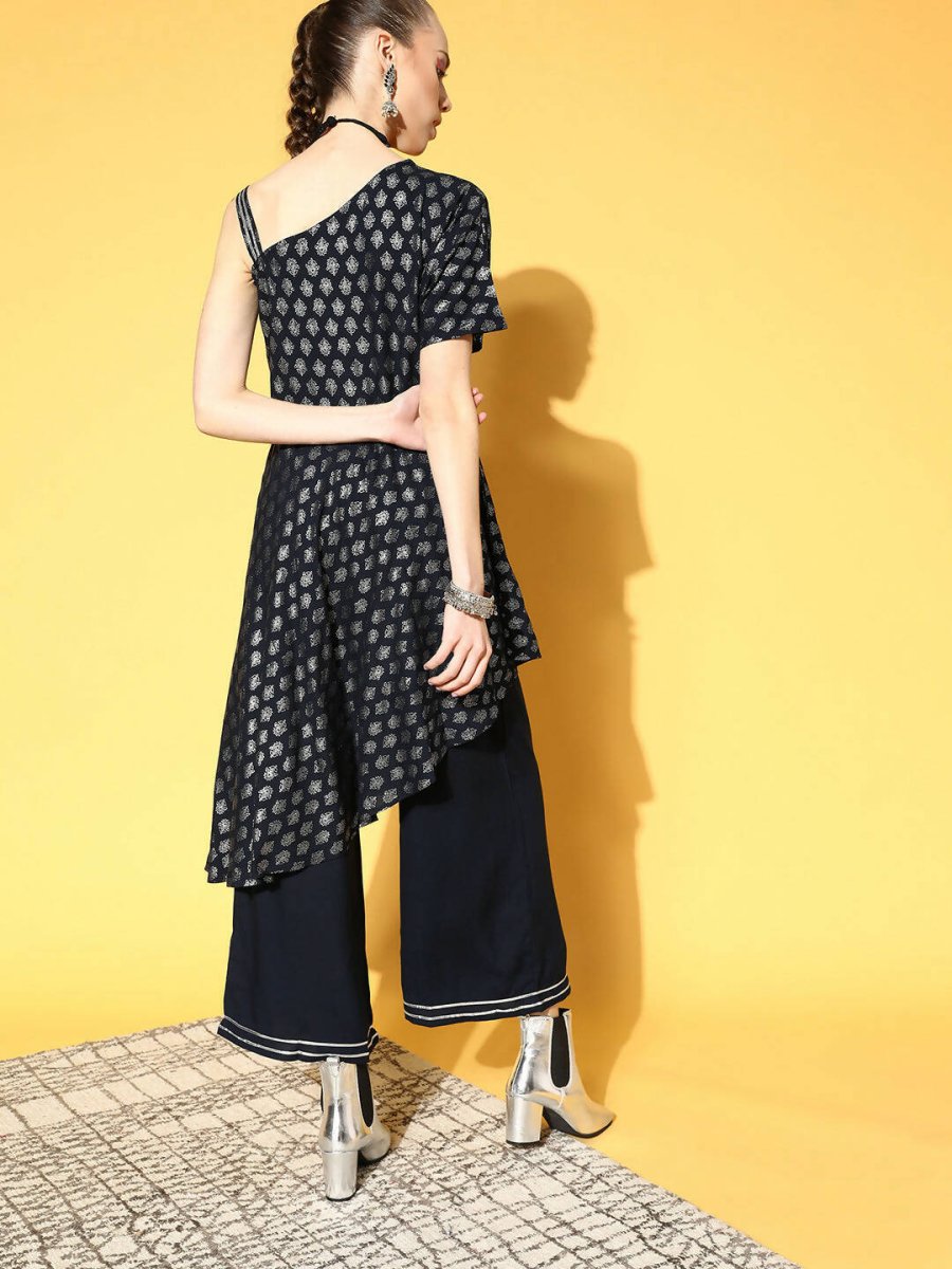 Ahalyaa Women Navy Blue Colour Rayon Silver Foil Printed Top Palazzo Set - Distacart