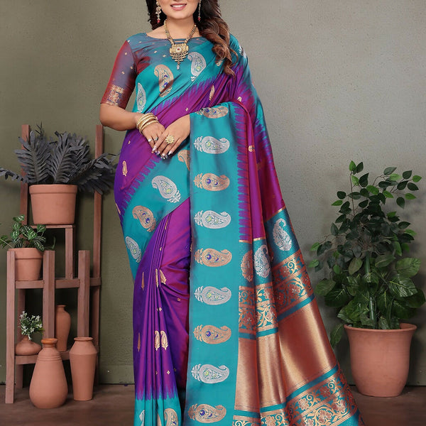 Joban Fashion Banarasi Purple Butti Soft Silk Saree - Distacart