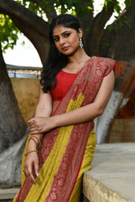 Thumbnail for Joban Fashion Yellow Crepe Chiffon Pure Handloom Banarasi Silk Saree