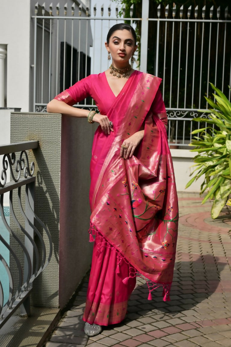 Vishnu Weaves Women's Pink Paithani Silk Zari Woven Saree with Blouse