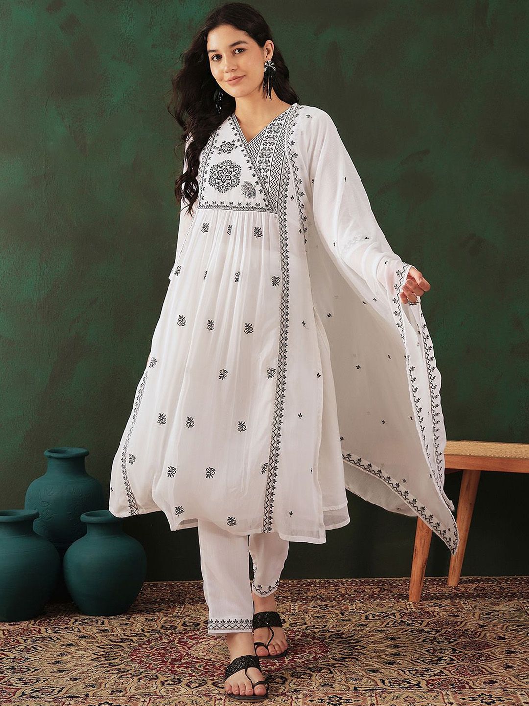 Sangria Floral Embroidered A Line Kurta With Trouser & Dupatta - Distacart