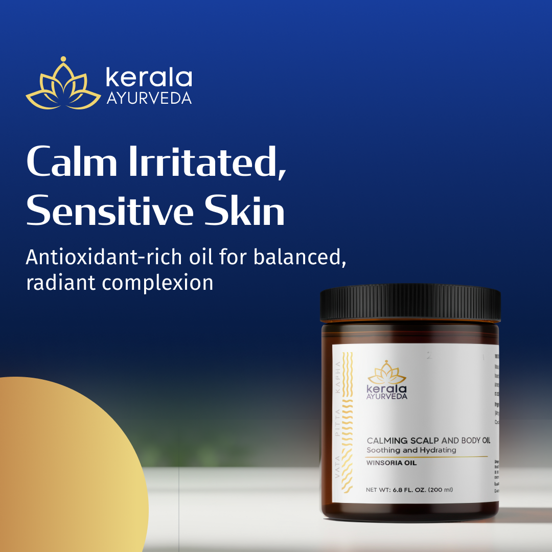 A jar of Kerala Ayurveda Calming Scalp and Body Oil, labeled for soothing irritated, sensitive skin with a blue background. The product is portrayed as rich in antioxidants and aids in achieving a balanced, radiant complexion.