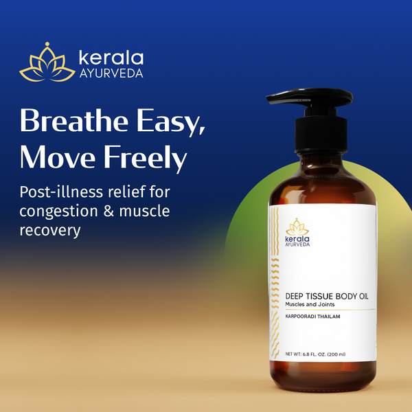 A bottle of Deep Tissue Body Oil with a label that reads 'KARPOORADI THAILAM', and the text 'Breathe Easy, Move Freely - Post-illness relief for congestion & muscle recovery'. The background is blue with a yellow halo-like shape to the left.