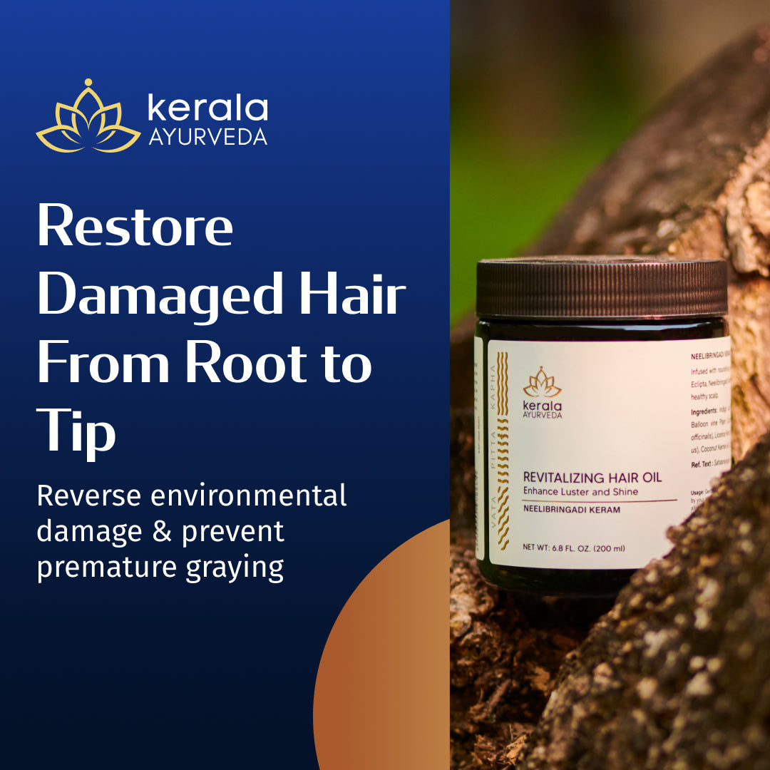 A jar of Kerala Ayurveda Revitalizing Hair Oil (Neelibringadi Keram) placed against a natural background, with the brand logo and product information displayed.