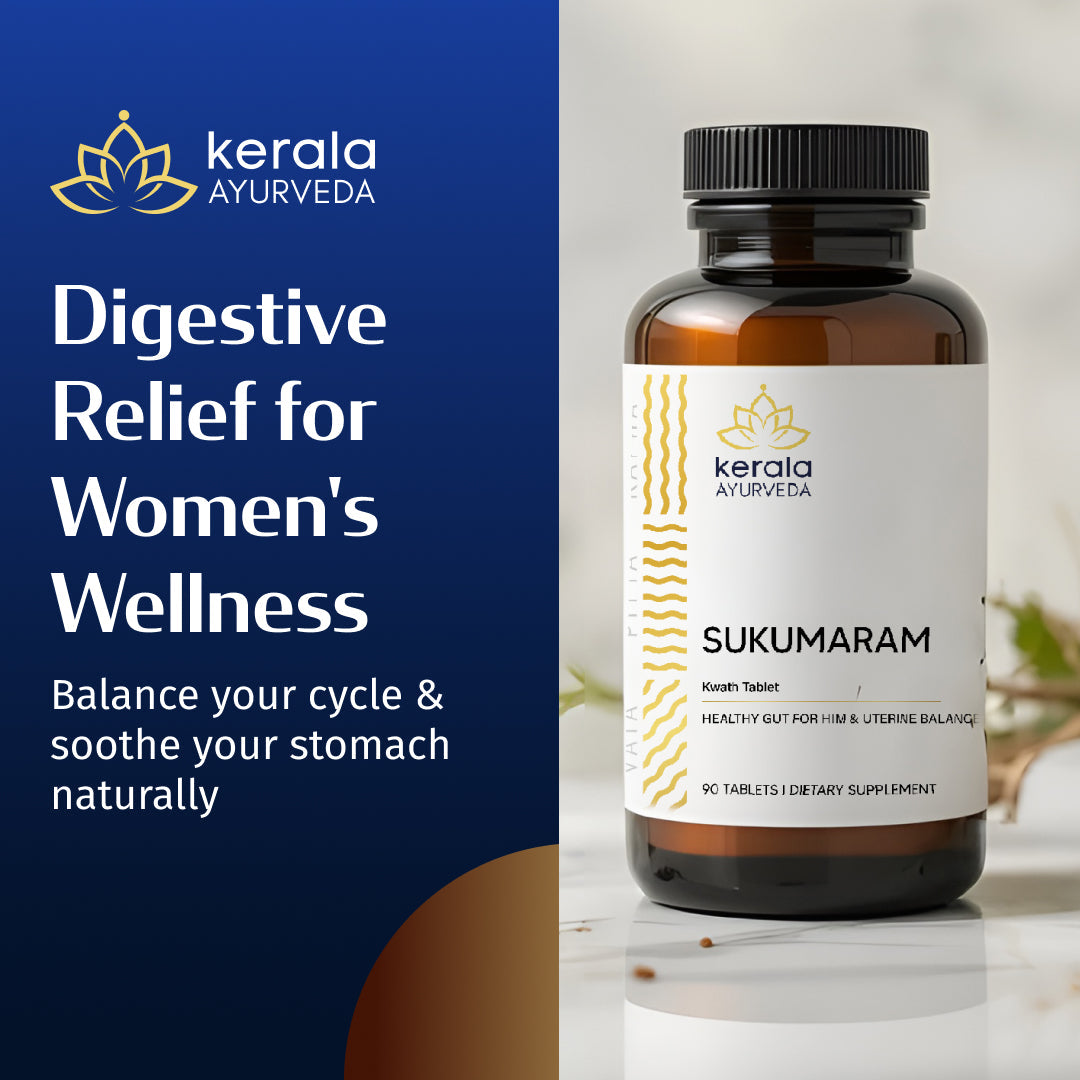 A bottle of digestive supplement, Sukumaram Kwath Tablets with the label Kerala Ayurveda. The product is marketed for women's wellness and digestive relief