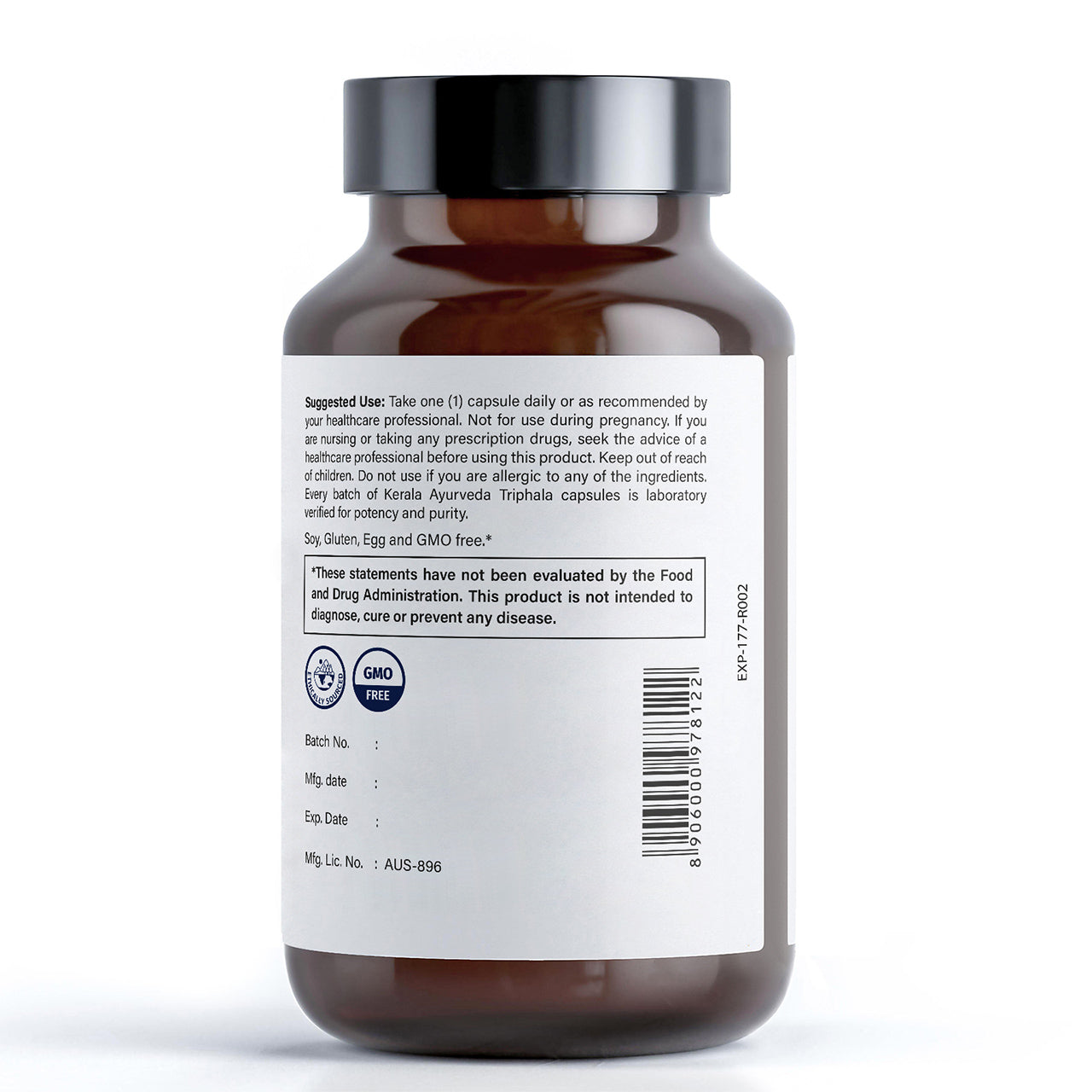 A bottle of Kerala Ayurveda Triphala dietary supplement with 60 vegetarian capsules for healthy digestion and elimination with a back label of how to use instruction
