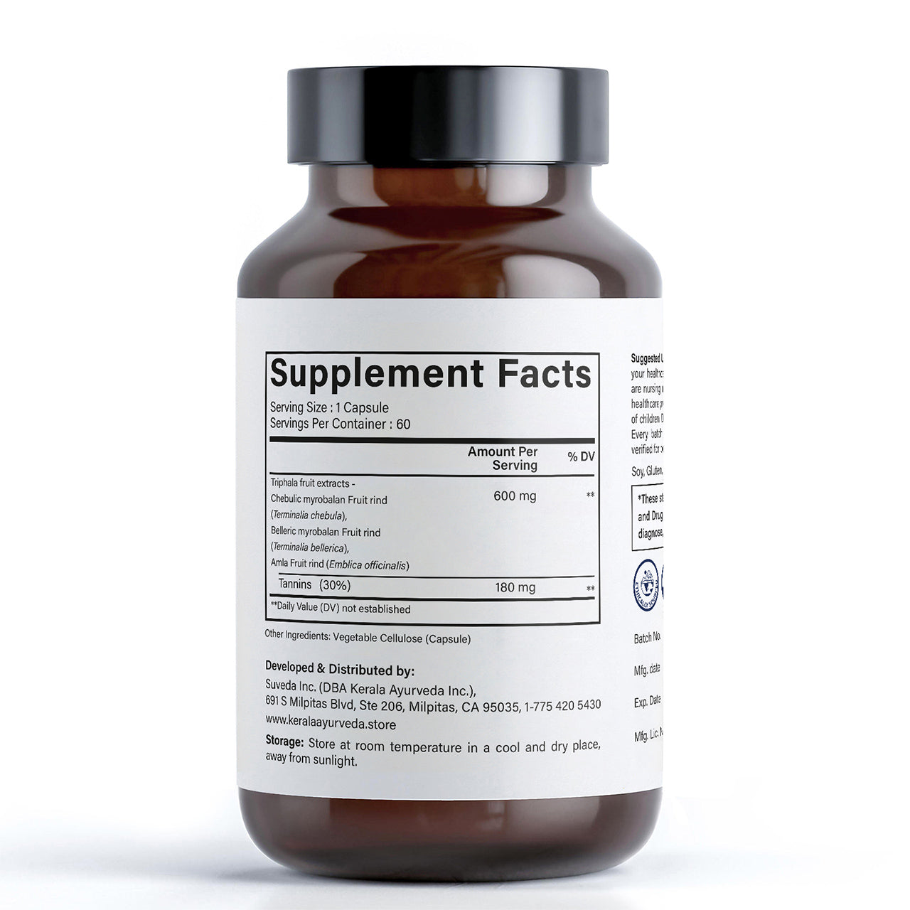A bottle of Kerala Ayurveda Triphala dietary supplement with 60 vegetarian capsules for healthy digestion with ingredients label of supplelment facts