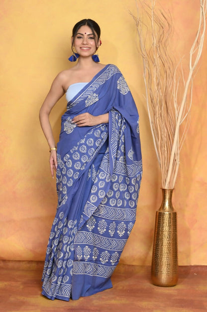Very Much Indian Pure Cotton Handblock Printed Saree - Blue - Distacart