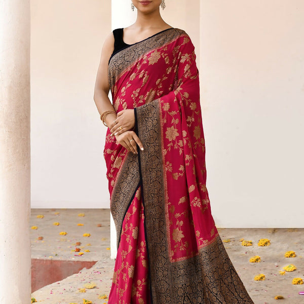 Joban Fashion Fuchsia Crepe Chiffon Pure Handloom Banarasi Silk Saree - Dista