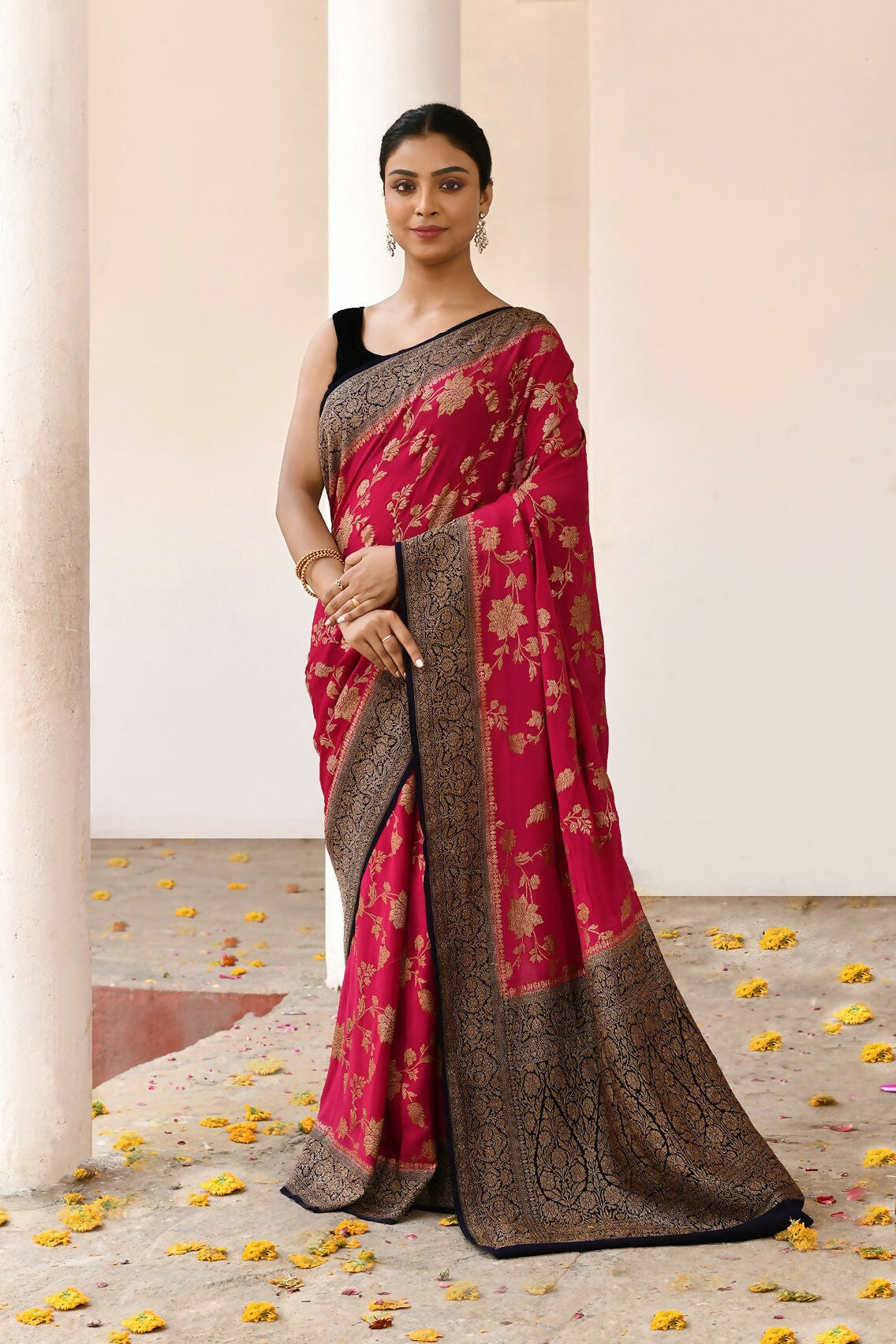 Joban Fashion Fuchsia Crepe Chiffon Pure Handloom Banarasi Silk Saree - Dista
