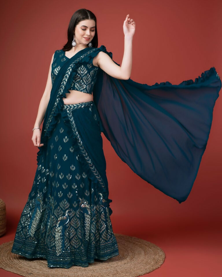 Teal Georgette Sequence Embroidered Lehenga Choli with Dupatta - Tanya - Distacart