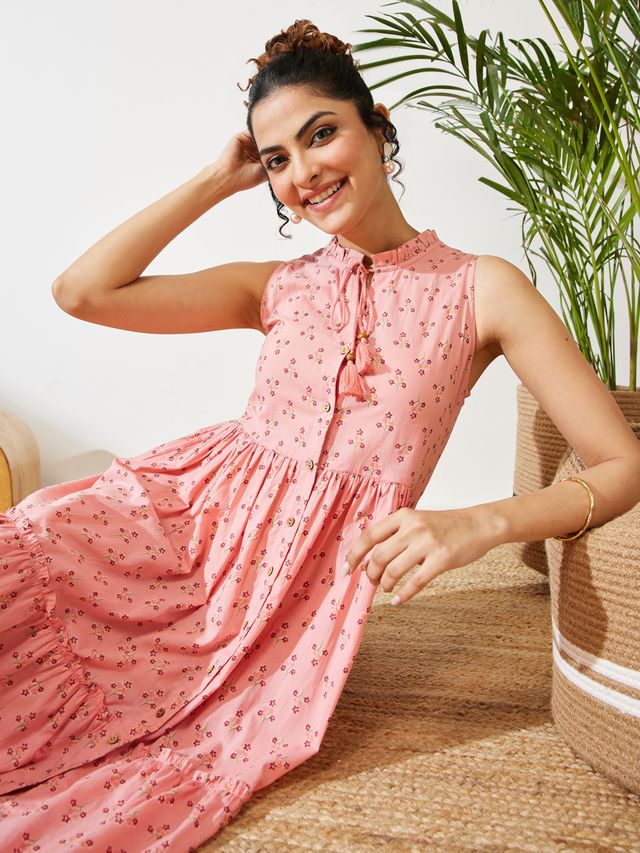 Janasya Peach Fit & Flare Cotton Dress - Dista