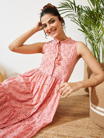 Janasya Peach Fit & Flare Cotton Dress - Dista