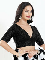 Thumbnail for Joban Fashion Black Silk Padded Blouse With V Neck Elbow Sleeves - Distacart
