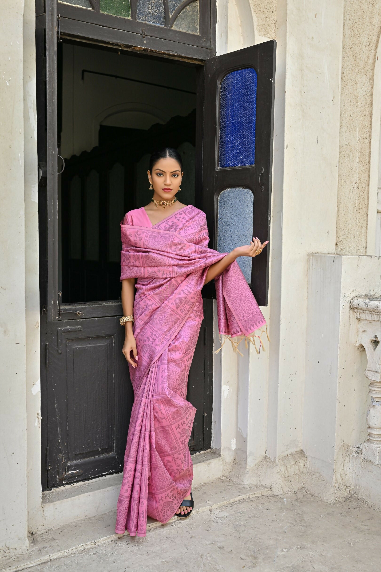 Vishnu Weaves Women's Baby-Pink Handloom Raw Silk Saree with Blouse - Distacart