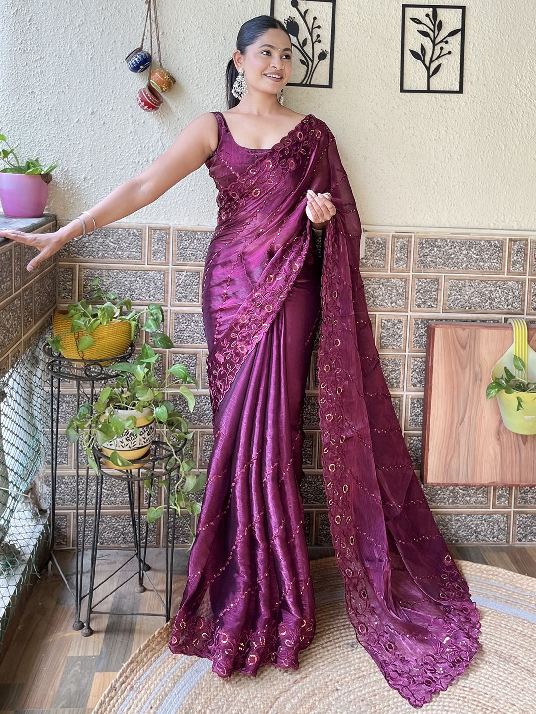 Mitera Floral Embroidered Sequinned Saree - Distacart