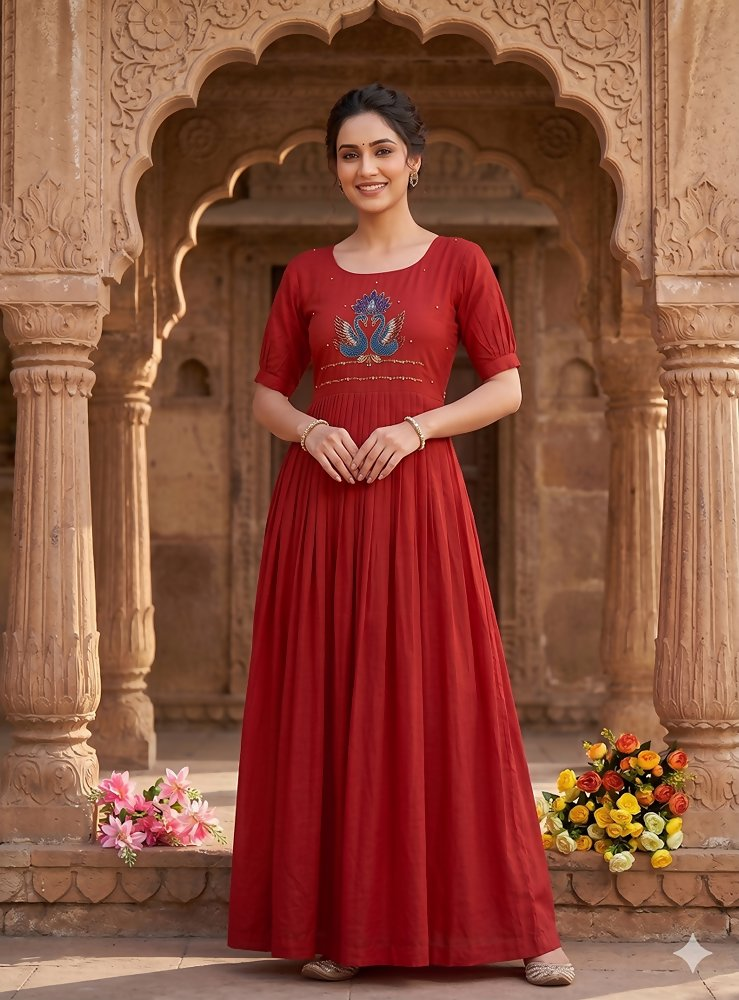Teeya Creation Women's New Trendy Red Pleated Maxi Dress with Intricate Peacock Beadwork - Dista