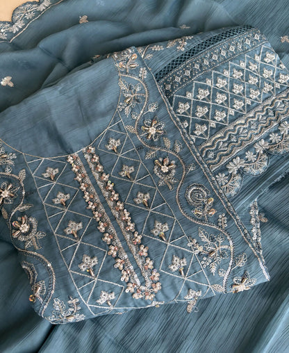 KC Sky Blue Pakistani Straight Suit For Women Chiffon - Dista