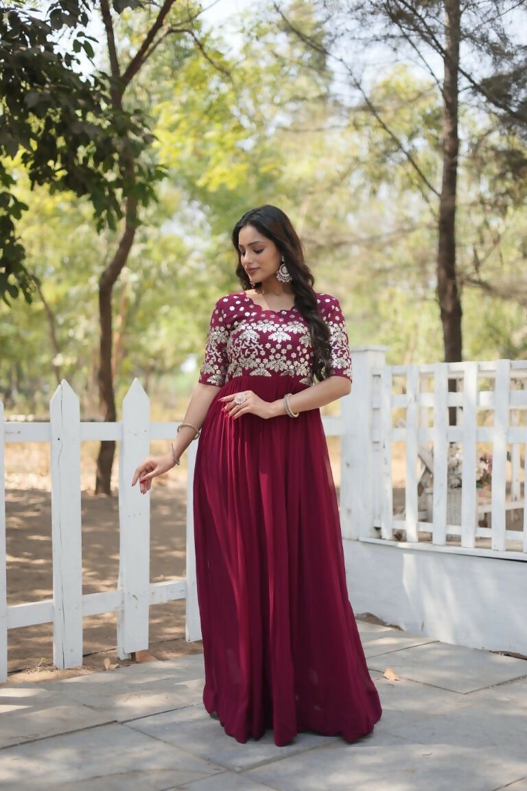 Aastha Fashion Women's Plum Faux Blooming Embroidery Zari Sequins-work Gown - Distacart