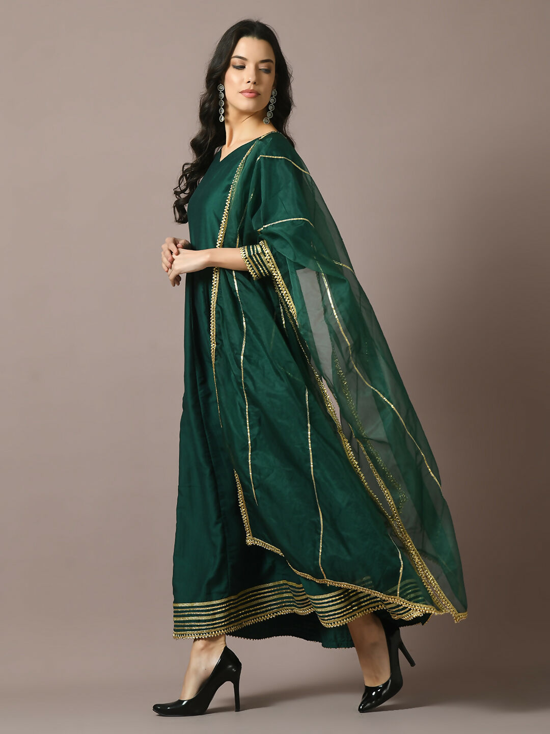 Myshka Women's Green Solid Silk Anarkali Party Kurta With Dupatta - Distacart
