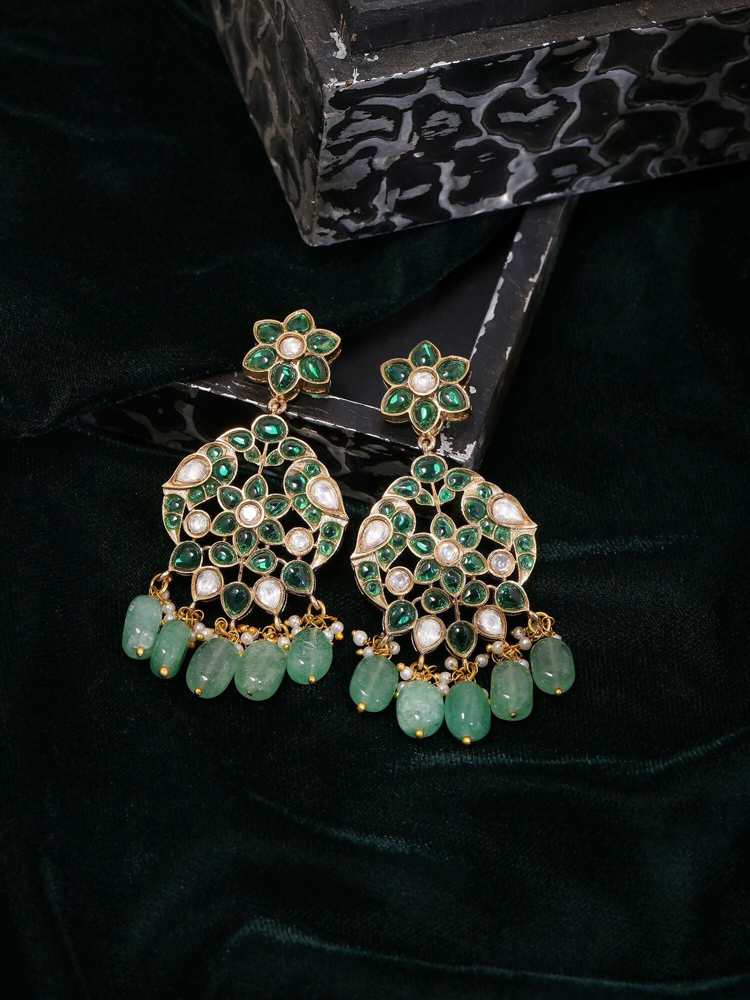 Ruby Raang Gold Polished Green Kundan Earrings - Dista