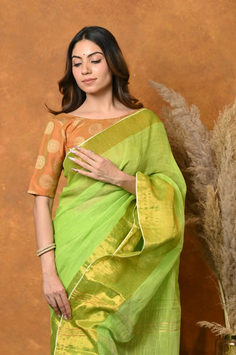 Very Much Indian Handloom Pure Cotton Linen Saree With Golden Border - Light Green - Distacart