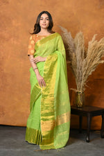 Thumbnail for Very Much Indian Handloom Pure Cotton Linen Saree With Golden Border - Light Green - Distacart