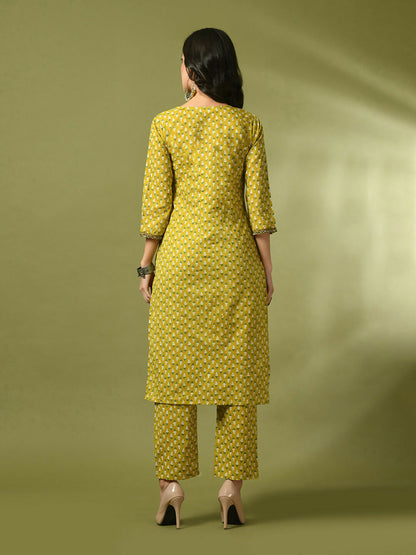 Myshka Women's Yellow Printed Cotton Straight Party Kurta Set - Distacart