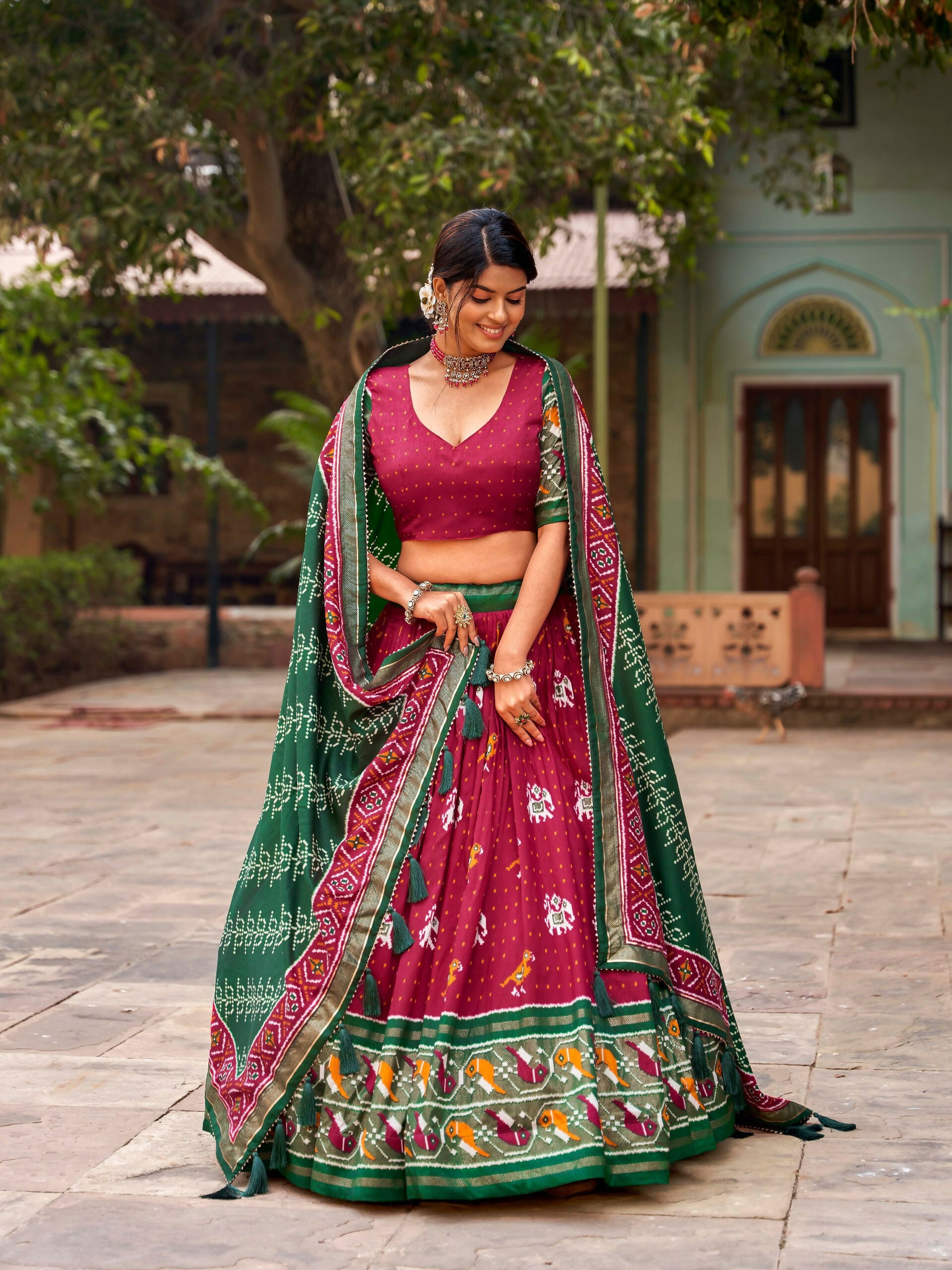Vastranavya Patola Printed and Foil Work Tussar Silk Lehenga with Unstitched Blouse - Red - Distacart
