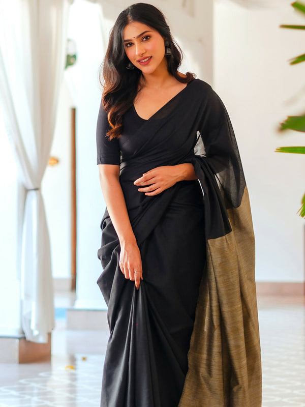 Zibaa Black & Gold Mul Cotton Saree