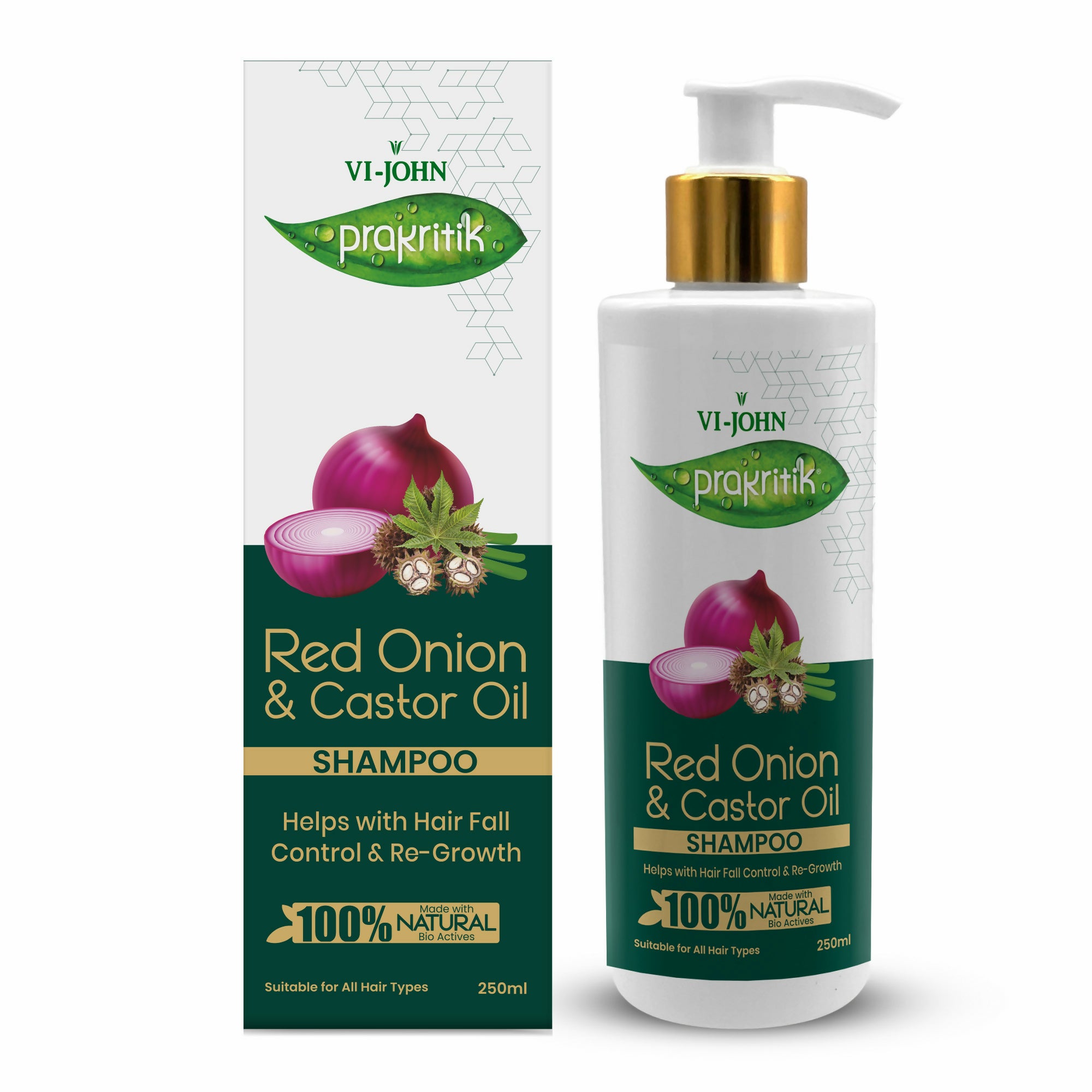 VI-JOHN Prakritik Red Onion & Castor Oil Shampoo Helps with Hair Fall & Re-Growth 100% Bio Actives